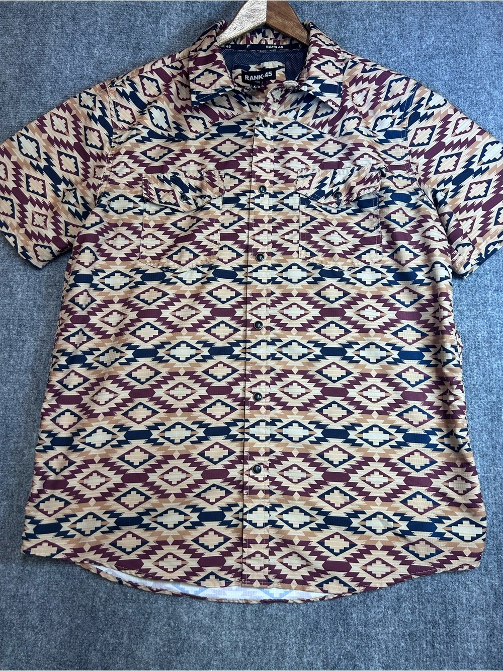 Rank-45 Men's Short Sleeve Aztec Button-Up Shirt in Beige & Burgundy